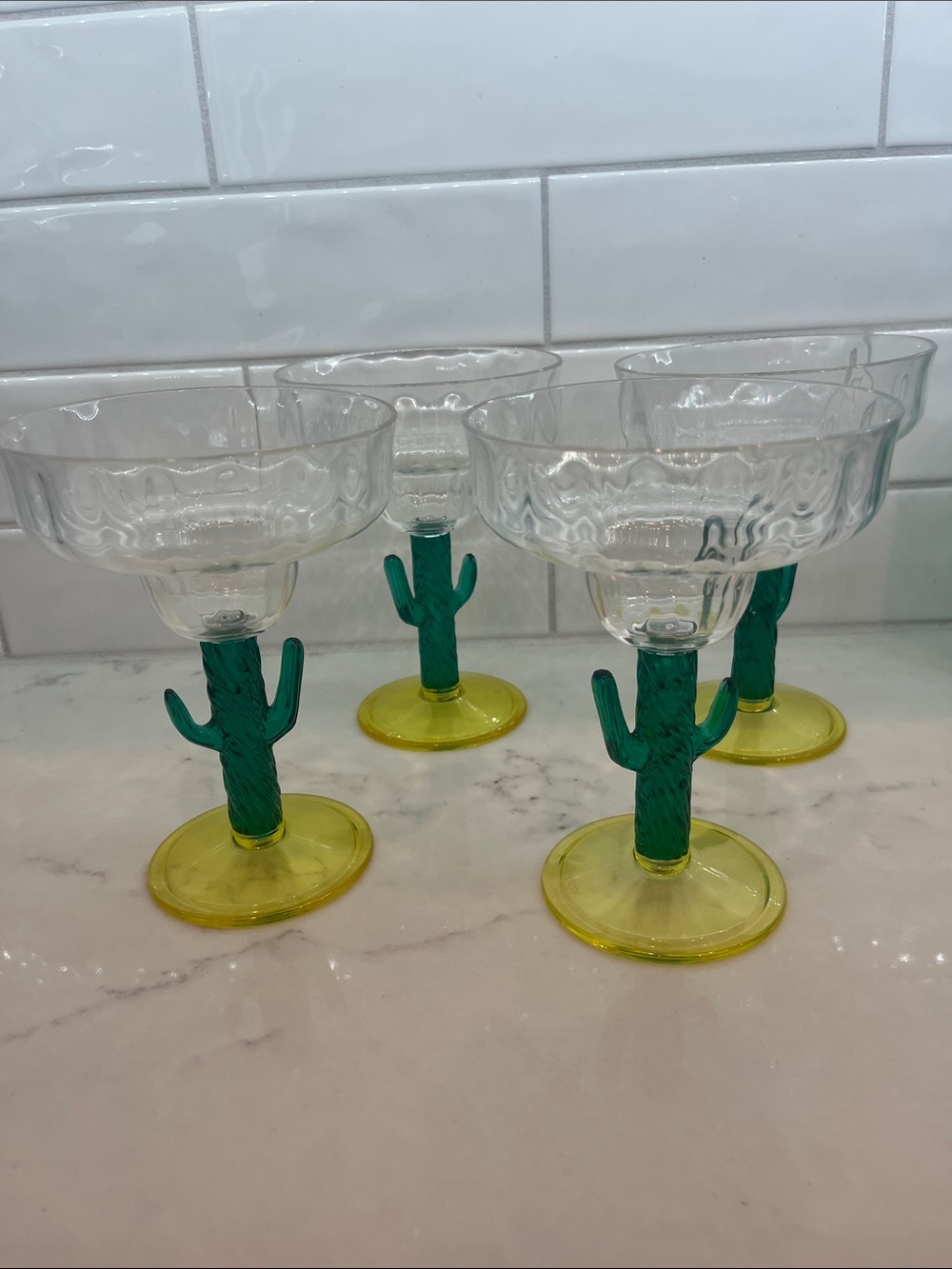 Cactus-Stem Margarita Glasses - Set of 4 - Green & Yellow. Vintage 1994, acrylic